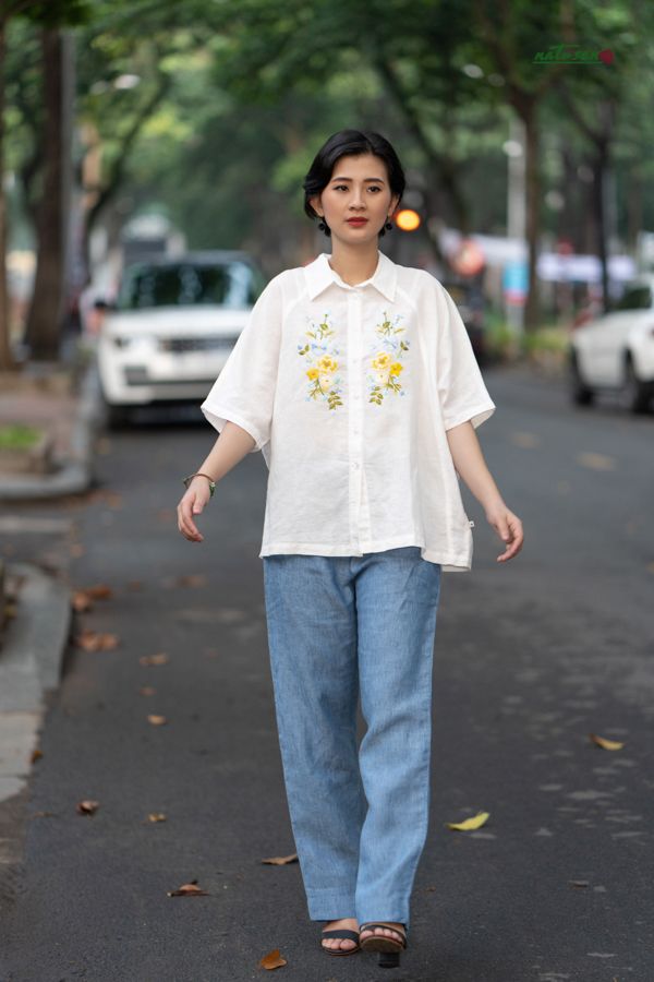 Quần linen ống đứng suông màu Faded Denim