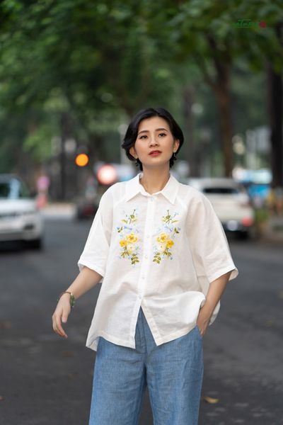  Quần linen ống đứng suông màu Faded Denim 