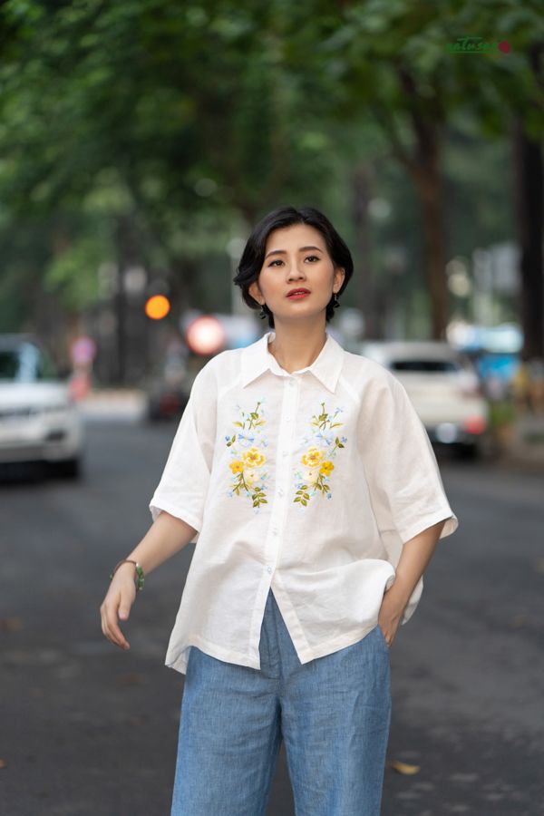 Quần linen ống đứng suông màu Faded Denim