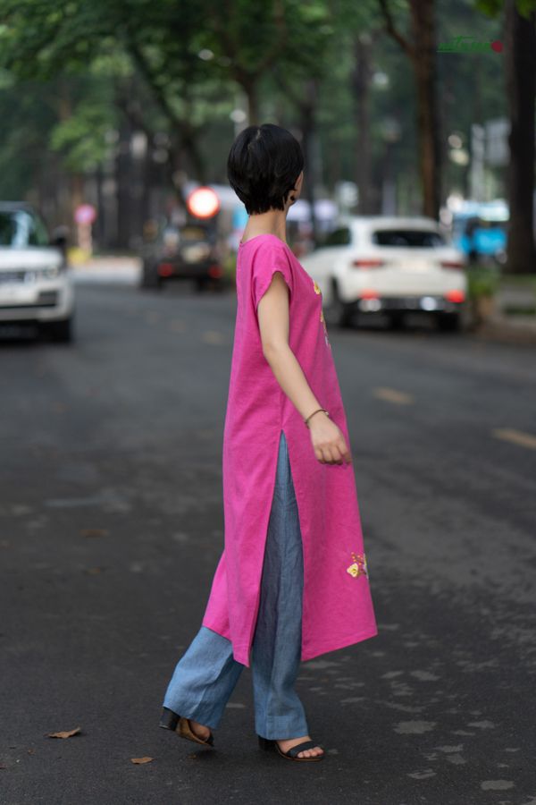 Quần linen ống đứng suông màu Faded Denim