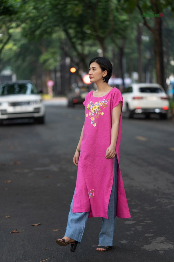 Quần linen ống đứng suông màu Faded Denim