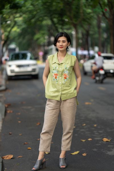  Áo linen thêu tay Thanh Xuân xanh Mint 