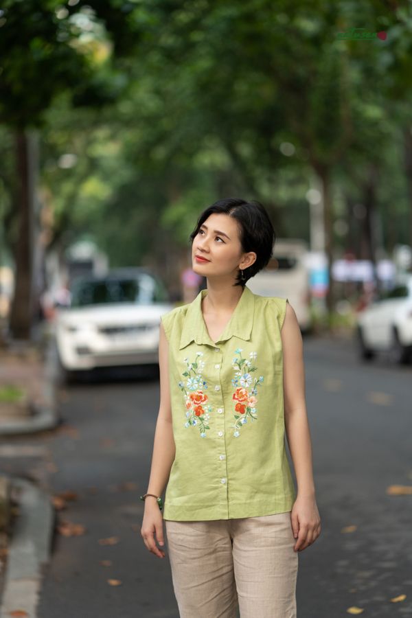 Áo linen thêu tay Thanh Xuân xanh Mint