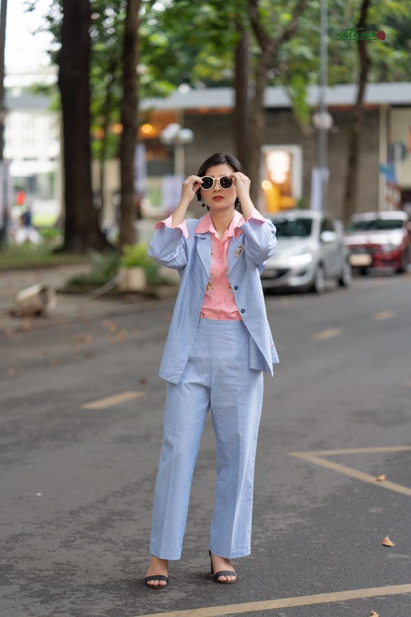 Quần tây linen suông Xanh Biển