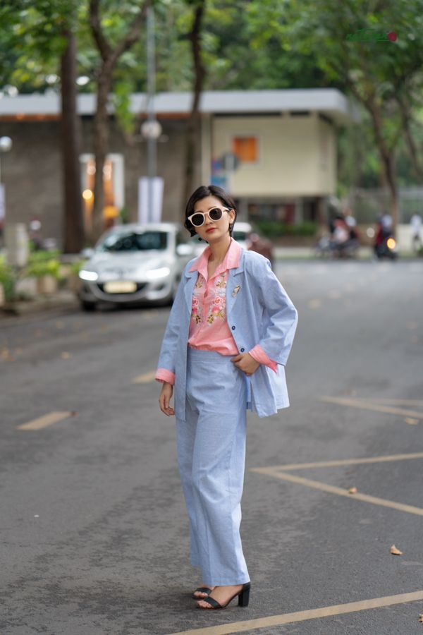 Blazer Xanh Biển linen yarn-dyed