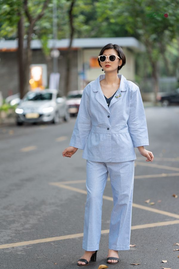 Blazer cổ B nhúng eo Xanh Biển linen yard-dyed
