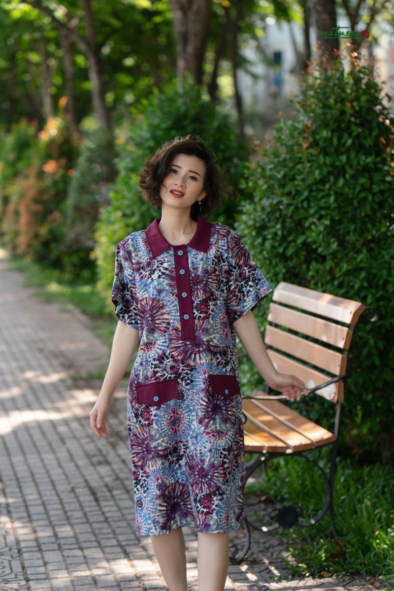 Đầm Safari trụ Linen in Tie Dyed phối đỏ rượu