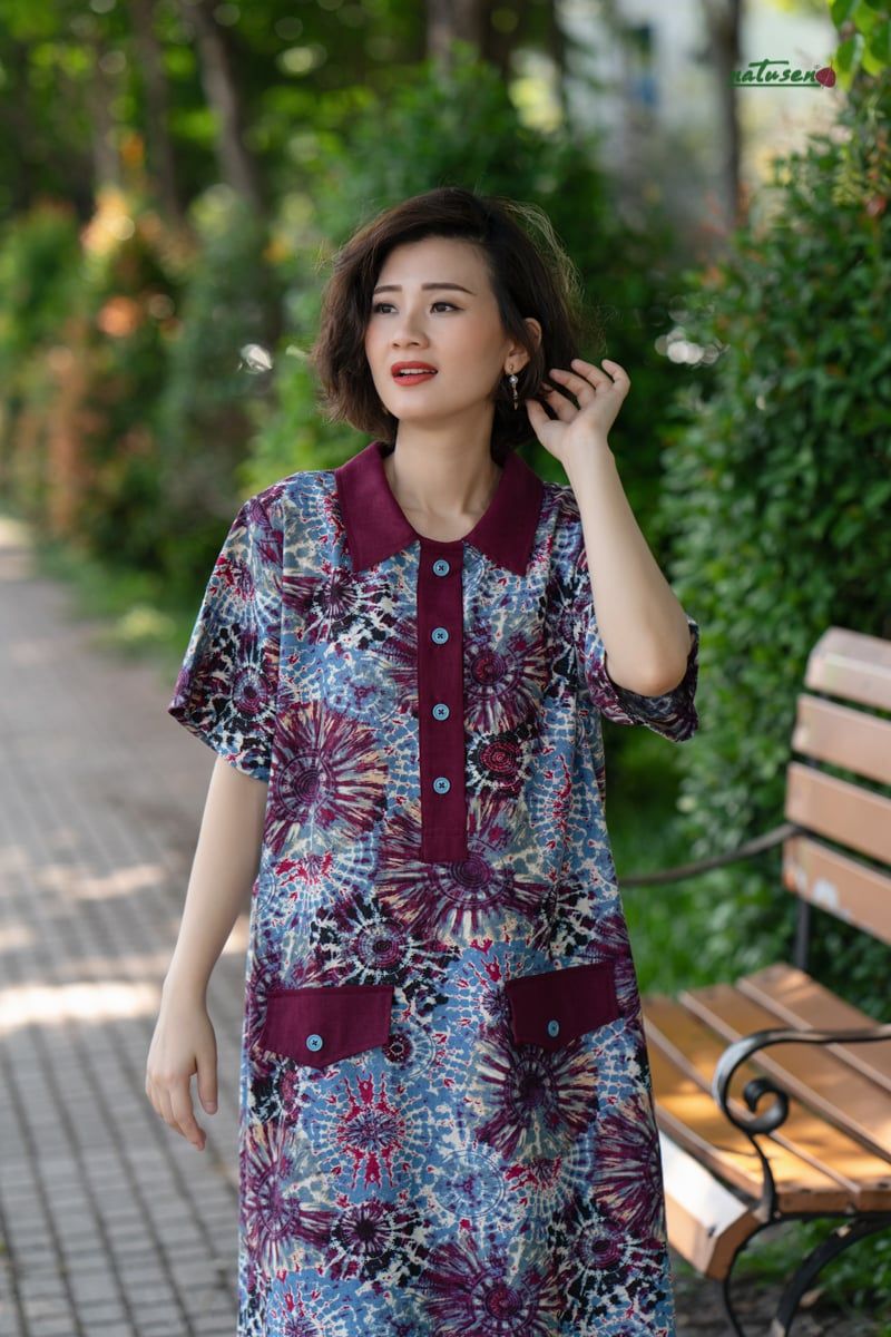 Đầm Safari trụ Linen in Tie Dyed phối đỏ rượu
