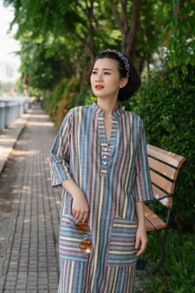  Đầm trụ Midi Sọc Yard Dyed 