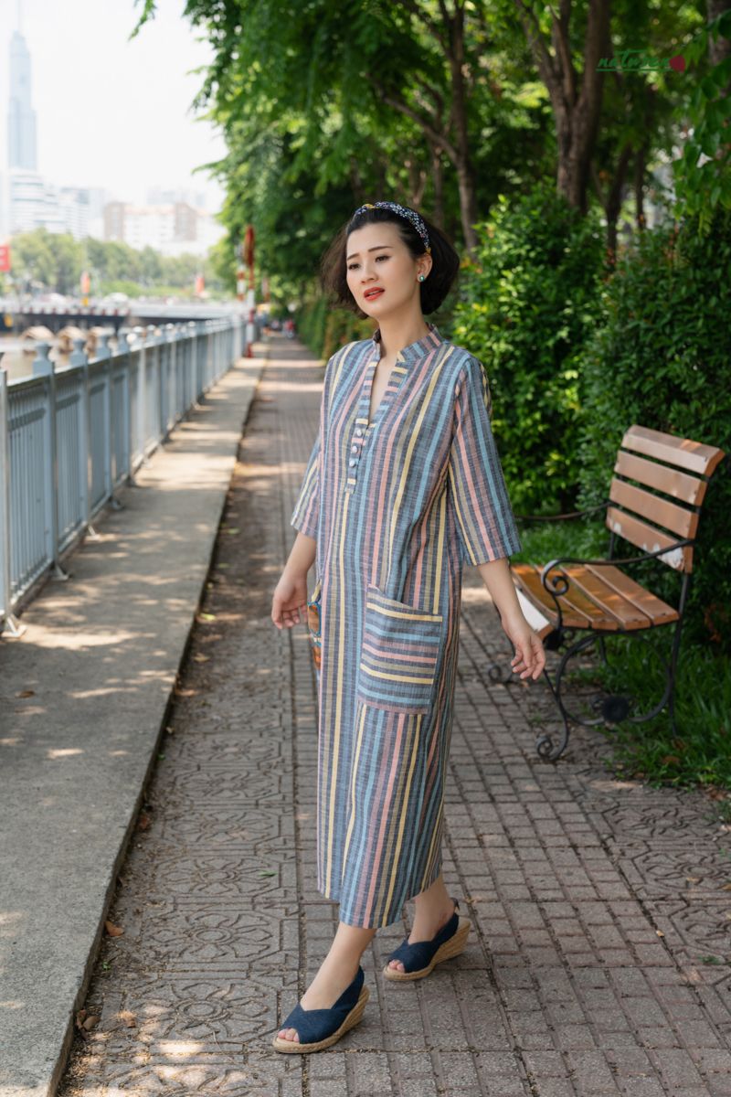 Đầm trụ Midi Sọc Yard Dyed