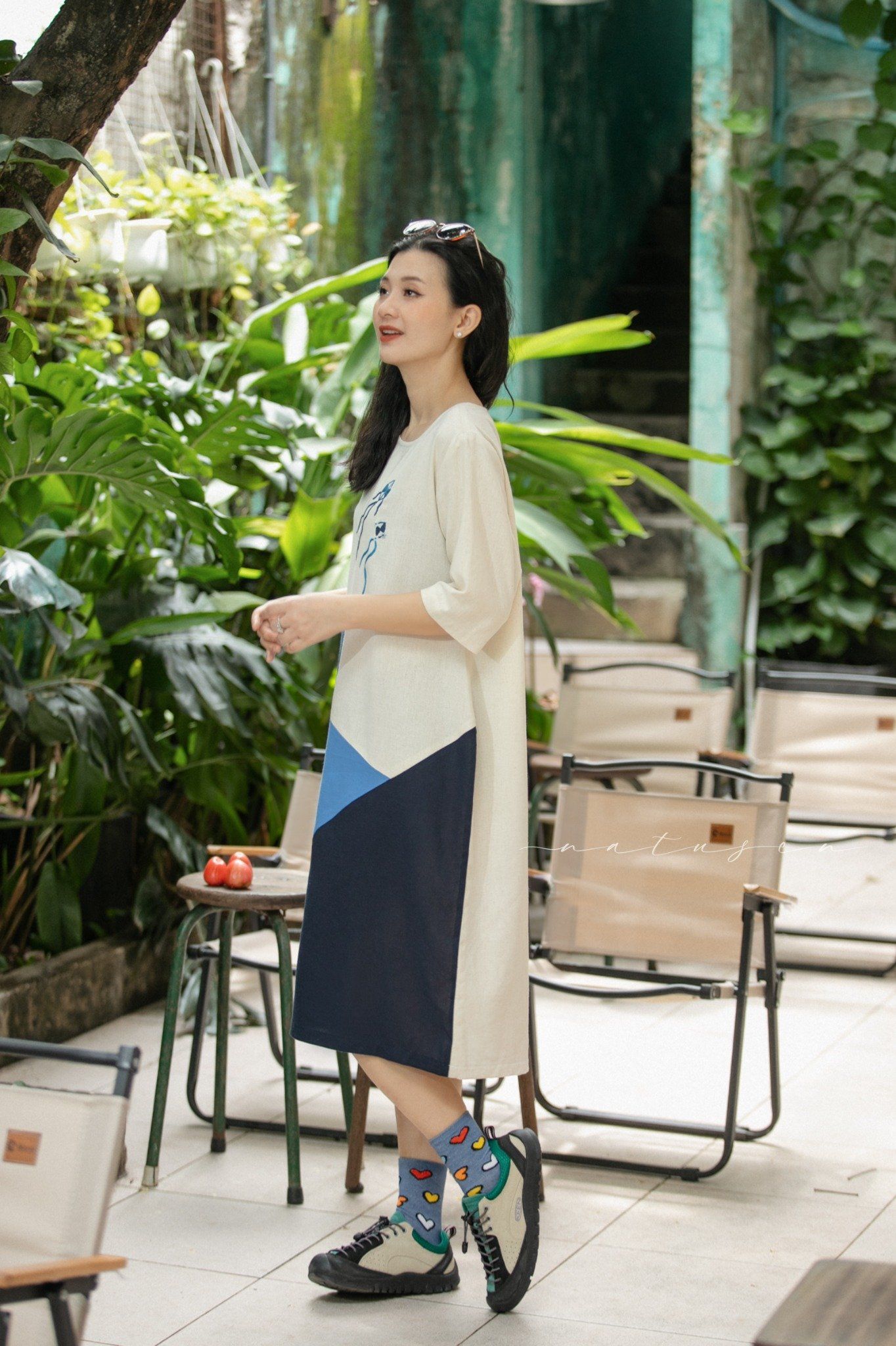 Đầm ColorBlock Mono Xanh thêu tay nhà diều