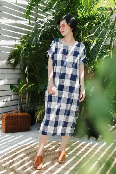  Đầm Caro vuông Xanh Trắng linen đũi 