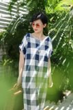  Đầm Caro vuông Xanh Trắng linen đũi 