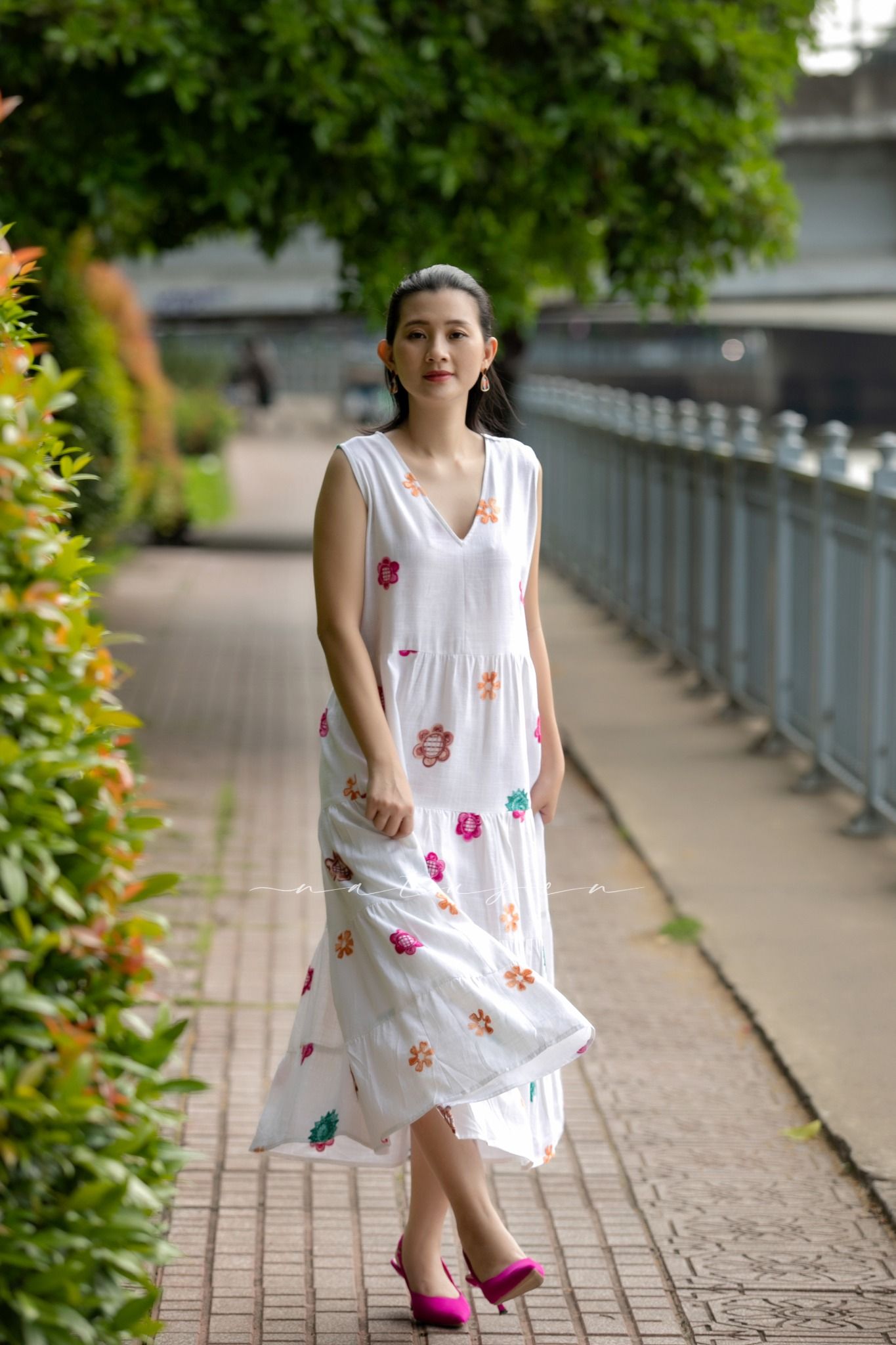 Đầm MiFa Trắng Sữa linen ren thêu vi tính