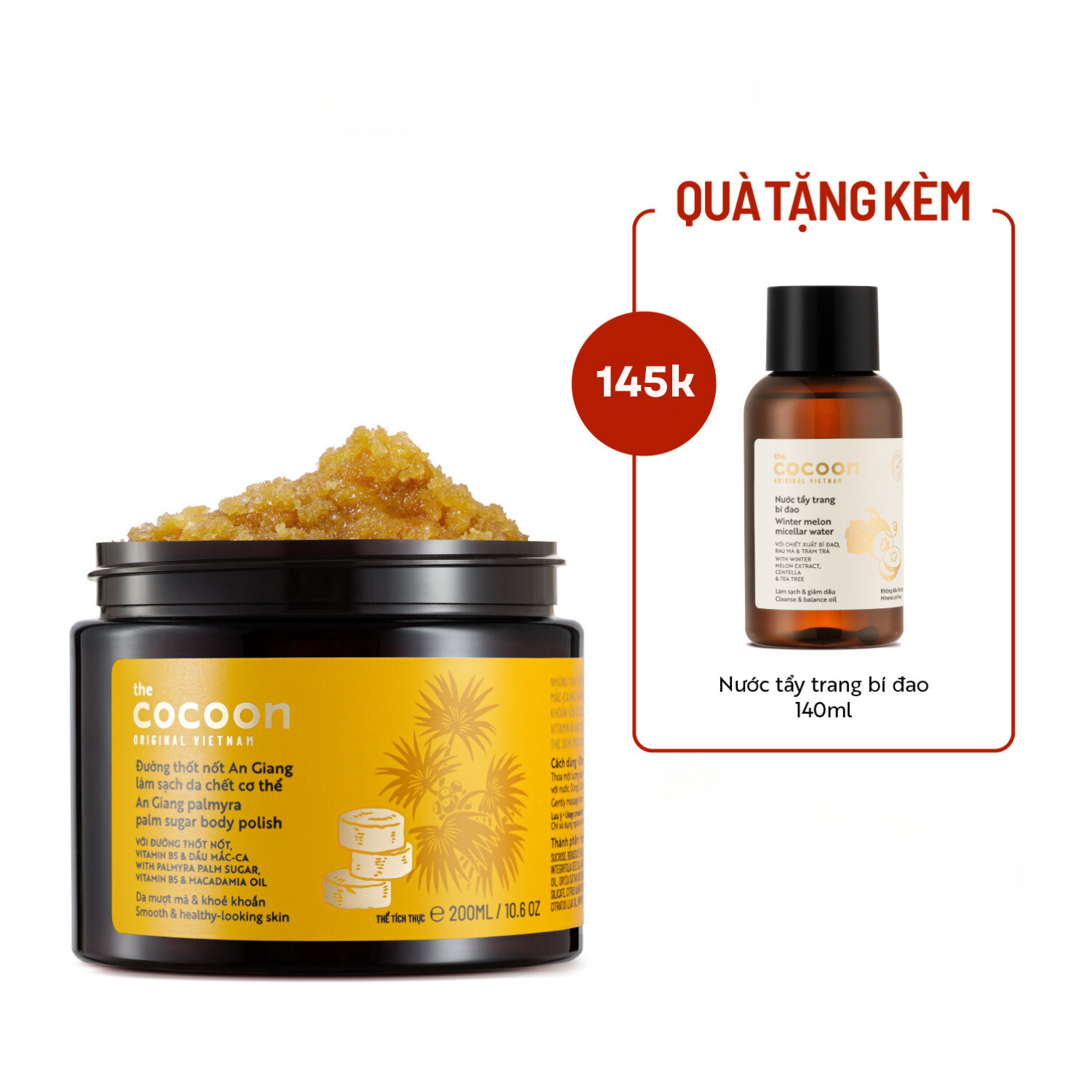 Combo Cocoon Đường Thốt Nốt An Giang Làm Sạch Da Chết Cơ Thể 200ml Và Nước Tẩy Trang Bí Đao 140ml