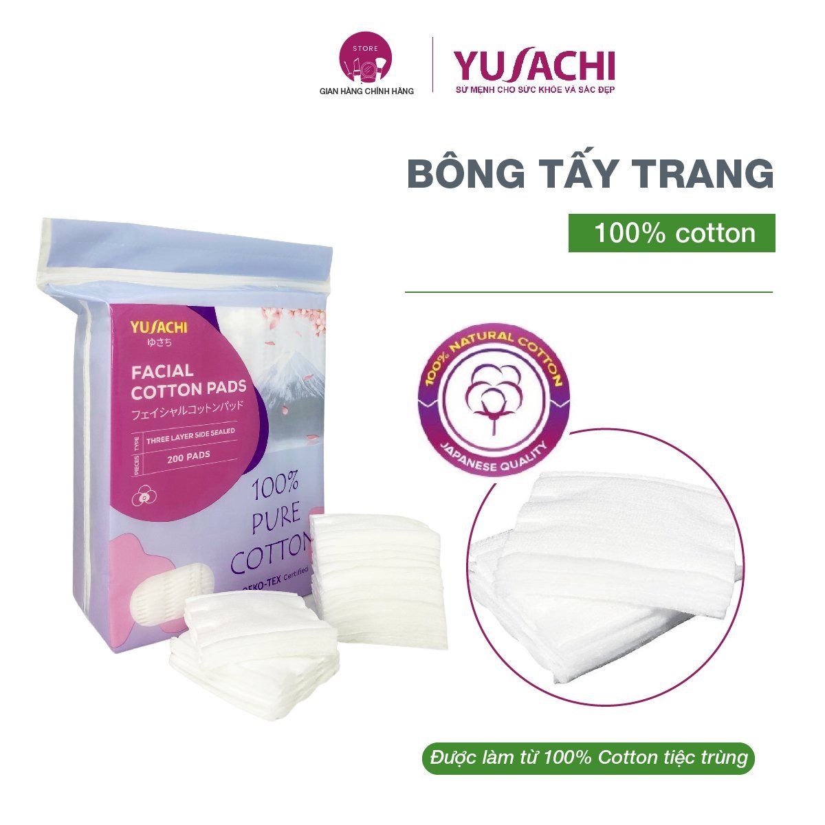 Bông Tẩy Trang 100% Cotton Yusachi 200Pcs/Gói