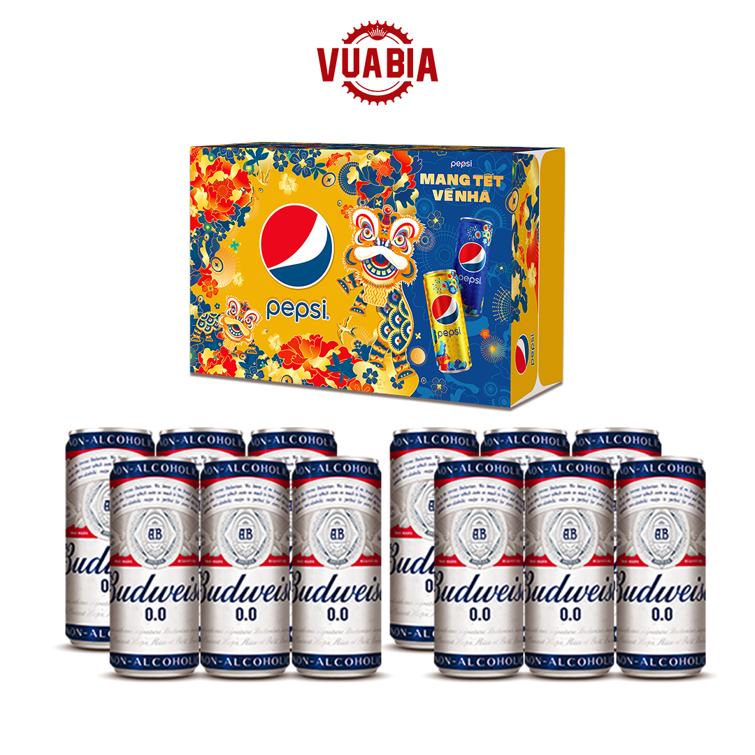 Combo 01 Thùng Pepsi 24 Lon Nước Giải Khát 320ml Phiên Bản Tết +  02 Lốc 6 Lon Budweiser 0.0% - QUÀ TẶNG KHÔNG BÁN - NHÁP