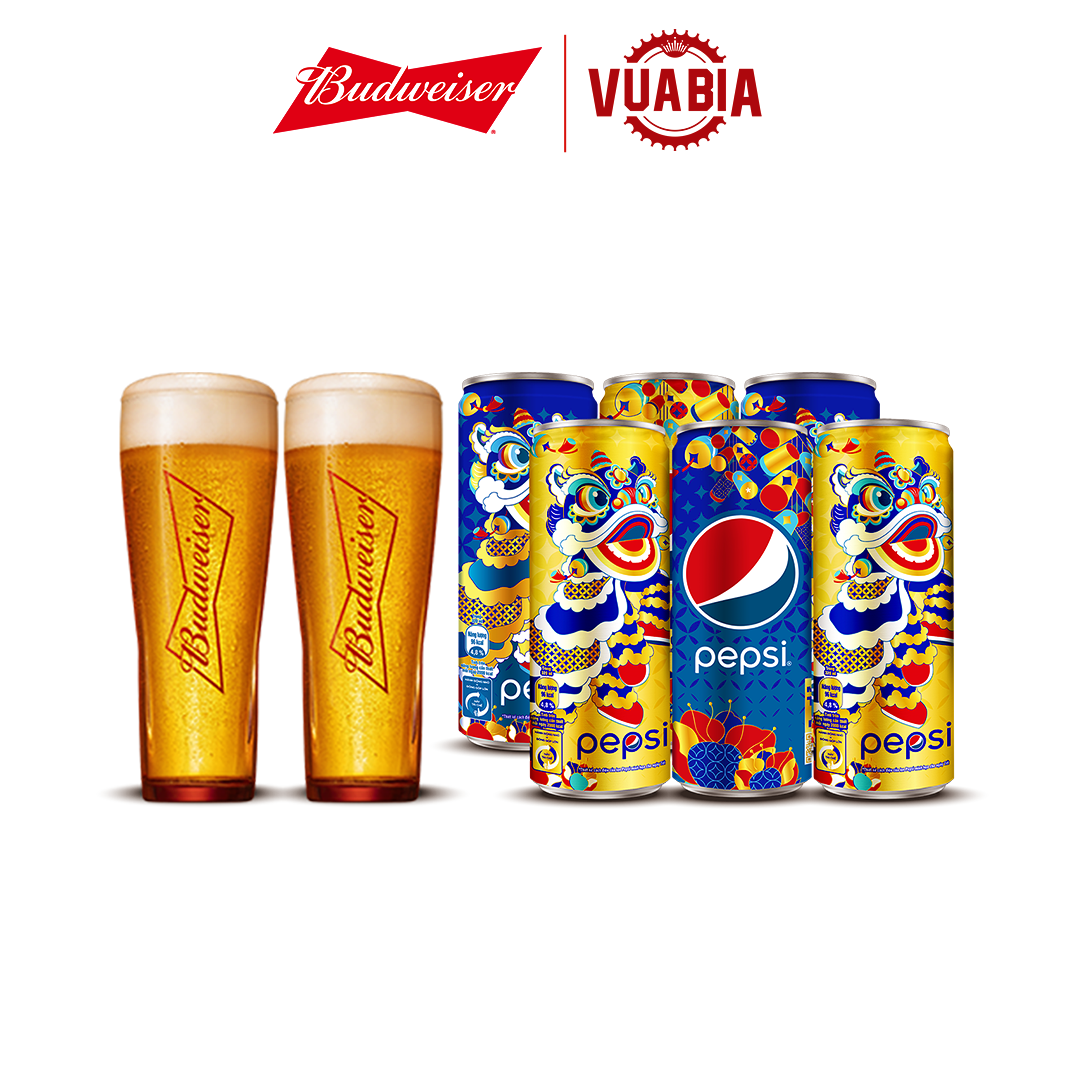 Combo 02 Ly Budweiser 330ml + 01 Lốc 6 Lon Nước Giải Khát Pepsi 320ml (Màu Sắc Lon Ngẫu Nhiên) - QUÀ TẶNG KHÔNG BÁN