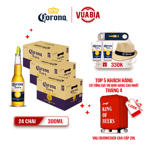 [FREESHIP] Bia Corona Extra Combo 3 Thùng 24 Chai 300ml - Tặng 2 Ly Corona + 1 Nón Corona + 1 Khui bia Corona