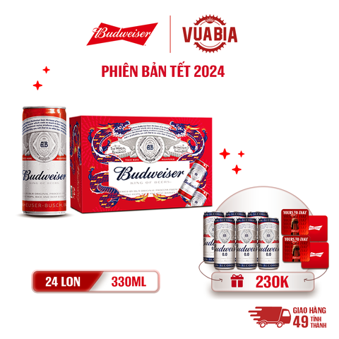 [FREESHIP] Bia Budweiser Thùng 24 Lon 330ml - Phiên Bản Tết 2024 - Tặng Lốc 6 Budweiser 0.0 + 4 Lót Ly Budweiser