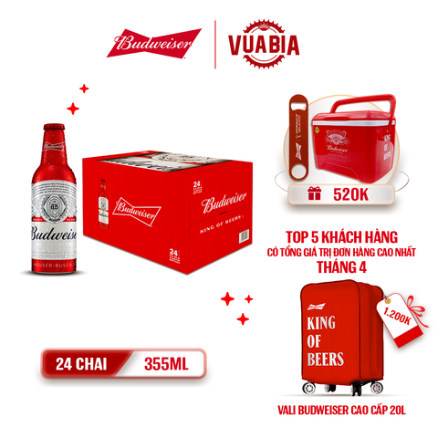 [FREESHIP] Bia Budweiser Thùng 24 Chai Aluminum 355ml - Tặng Thùng Đá Budweiser + Khui Bia Budweiser