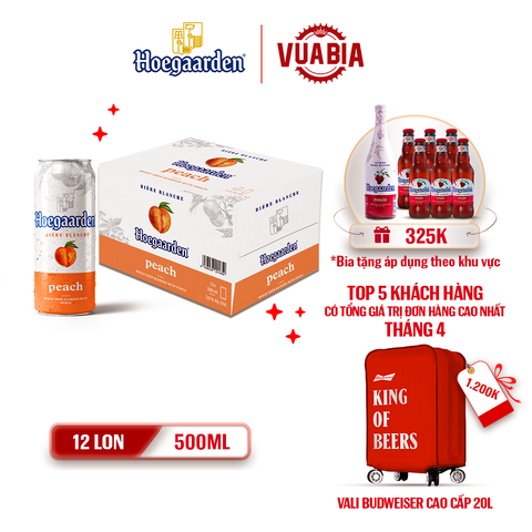 [FREESHIP] Bia Hoegaarden Peach Vị Đào Tinh Tế Thùng 12 Lon 500ml - Tặng 1 Chai Hoegaarden Rosée 650ml + Lốc 6 Bia - Theo Khu Vực