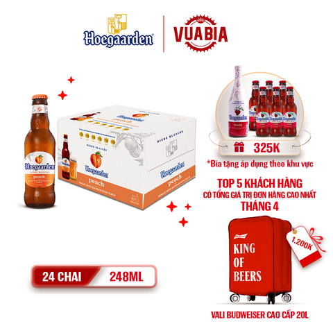 [FREESHIP] Bia Hoegaarden Peach Vị Đào Tinh Tế Thùng 24 Chai 248ml - Tặng 1 Chai Hoegaarden Rosée 650ml + Lốc 6 Bia - Theo Khu Vực