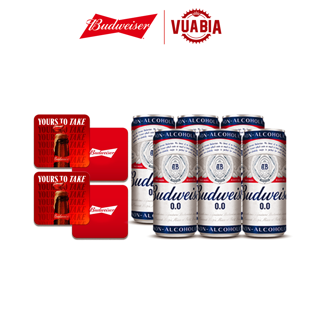 Combo 01 Lốc 6 Lon Budweiser 0.0% + 04 Lót Ly Budweiser - QUÀ TẶNG KHÔNG BÁN