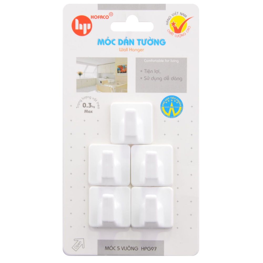 Móc Dán Tường Hofaco Vỉ 5 Móc Vuông HPG 97