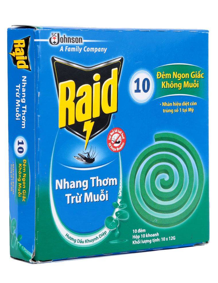 Nhang Thơm Diệt Muỗi Raid - Hương Dầu Khuynh Diệp (Hộp 10 Khoanh)