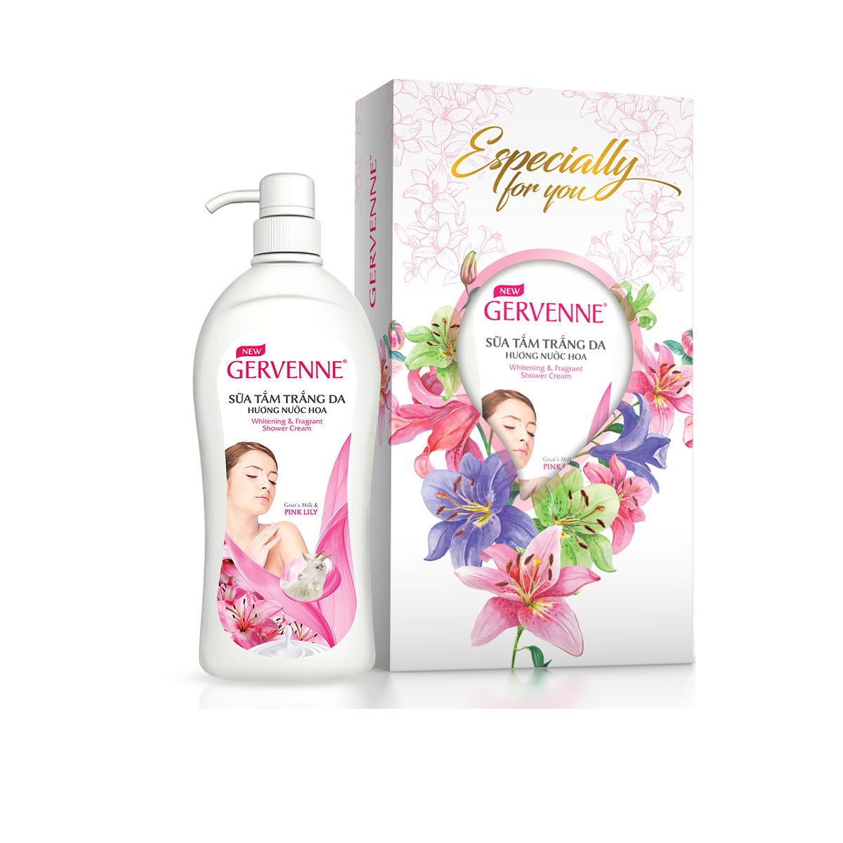 Hộp Quà Sữa Tắm Trắng Da Hương Nước Hoa Gervenne Lily Hồng 900g