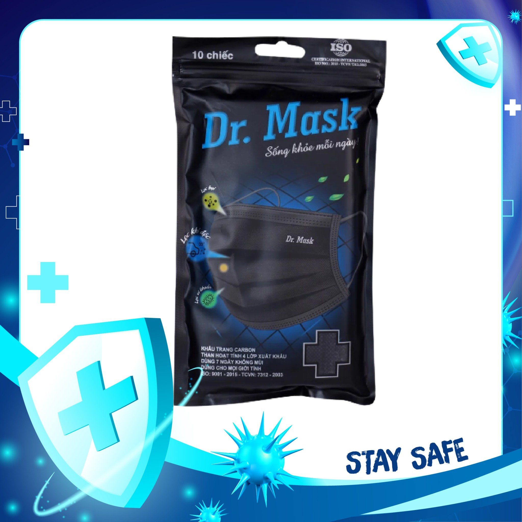 Khẩu Trang Carbon Than Hoạt Tính 4 Lớp Dr.Mask (Túi/ 10 Chiếc)