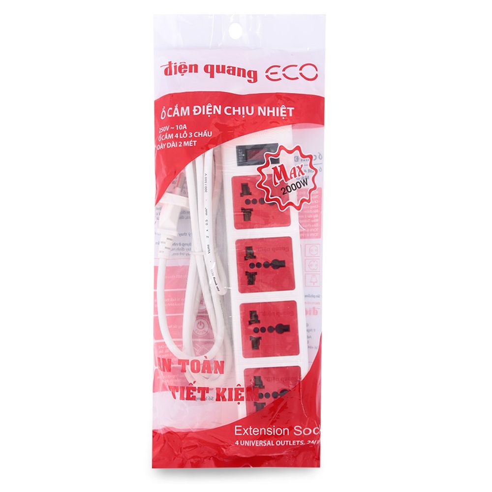 Ổ Cắm Điện Chịu Nhiệt - Điện Quang ECO (250V - 10A, Ổ Cắm 4 Lỗ 3 Chấu, Dây Dài 2 Mét) - Trắng