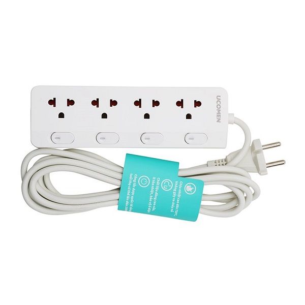 Ucomen Ổ Cắm Điện An Toàn 4 Công Tắc (230V - 10A, Ổ Cắm 4 Lỗ 3 Chấu, Dây Dài 3 Mét)