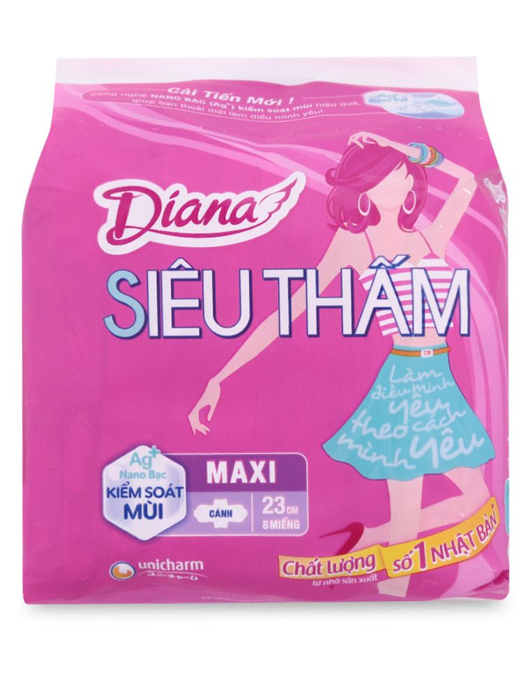 Băng Vệ Sinh Diana Siêu Thấm Maxi Cánh 23cm (Gói 8 Miếng)