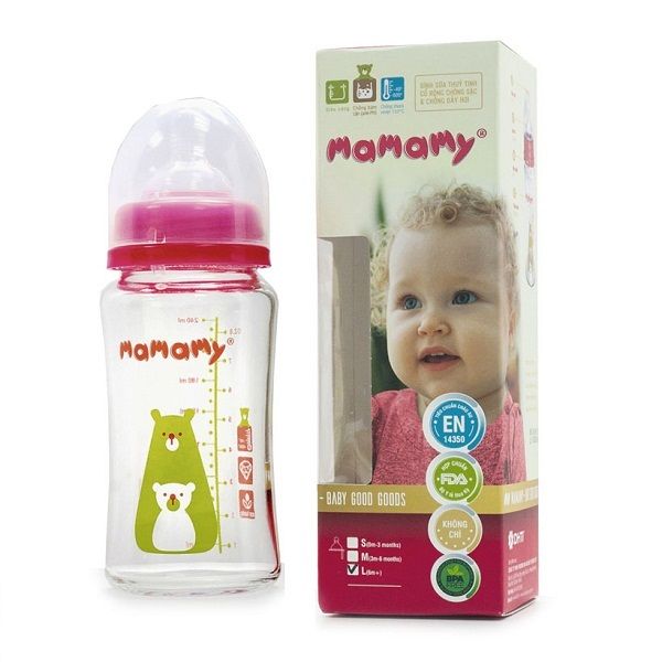 Bình Sữa Thủy Tinh Cổ Rộng Chống Sặc Và Đầy Hơi Mamamy 240ml