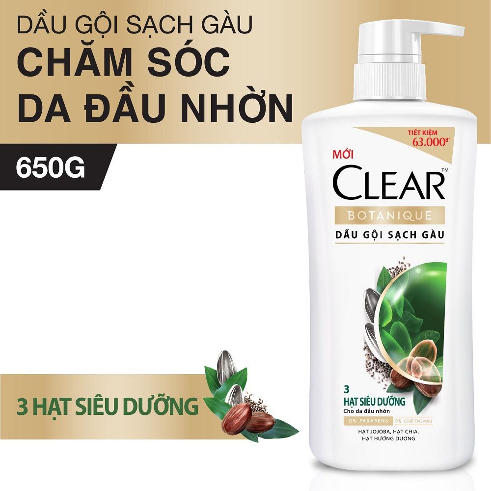 Dầu Gội Clear Sạch Gàu 3 Hạt Siêu Dưỡng Cho Da Đầu Nhờn (650g)