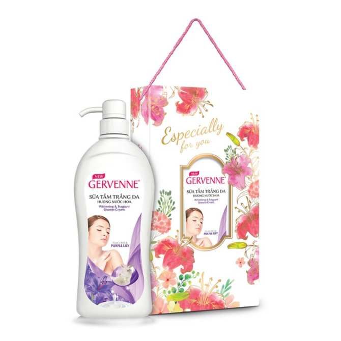 Hộp Quà Sữa Tắm Trắng Da Hương Nước Hoa Gervenne Lily Tím 900g
