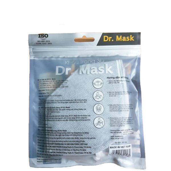 Khẩu Trang 3D Than Hoạt Tính Dr.Mask 4 Lớp (Túi 3 Chiếc)