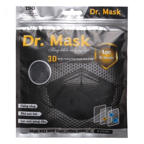 Khẩu Trang 3D Than Hoạt Tính Dr.Mask 4 Lớp (Túi 3 Chiếc)