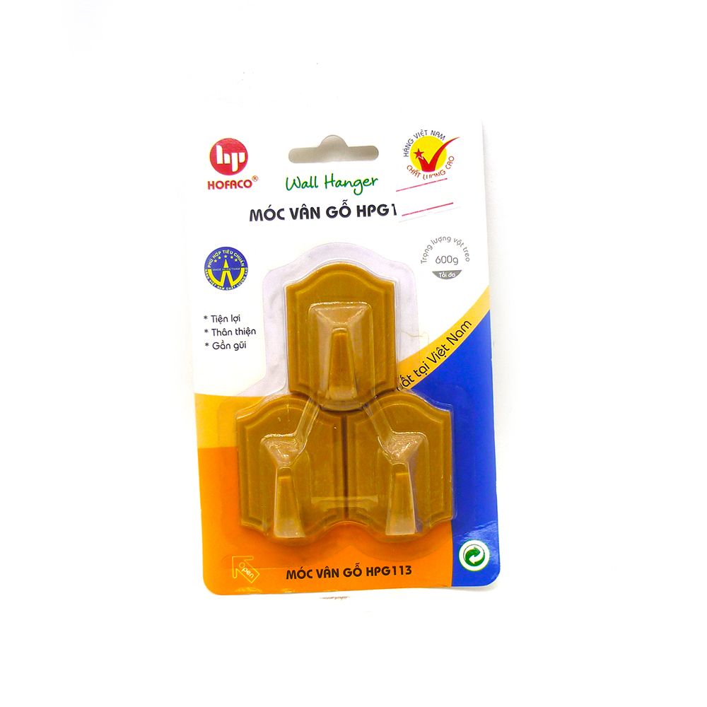 Móc Dán Tường Hofaco Vỉ 3 Móc Vân Gỗ HPG 113