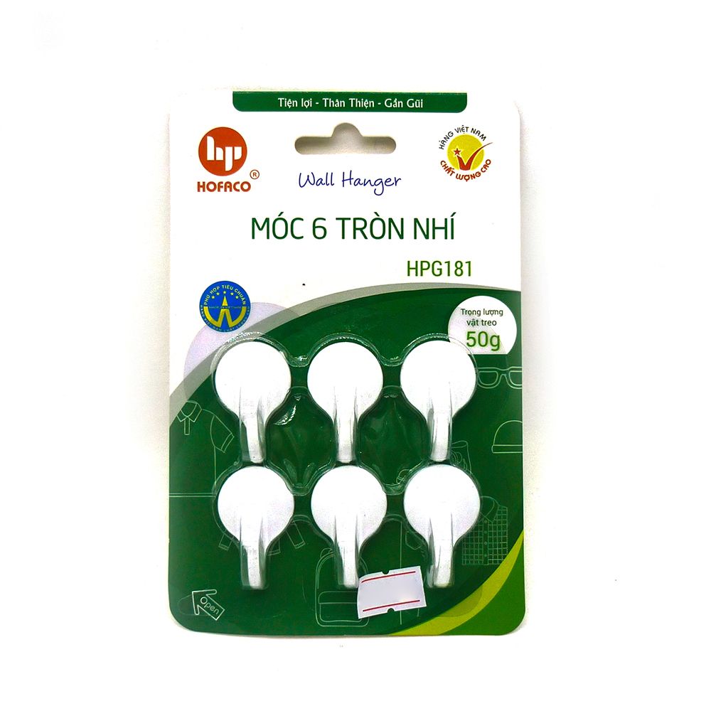 Móc Dán Tường Hofaco Vỉ 6 Móc Tròn Nhí HPG 181