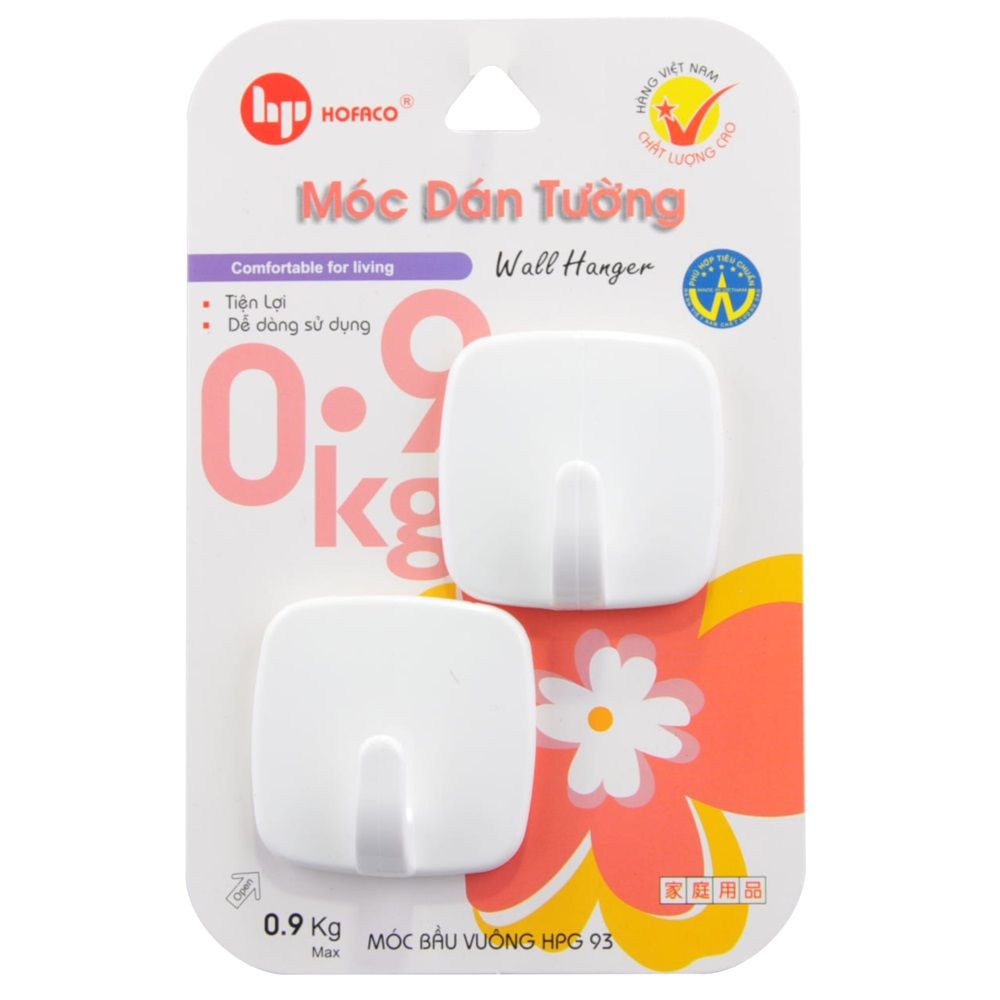 Móc Dán Tường Hofaco Vỉ 2 Móc Bầu Vuông HPG 93