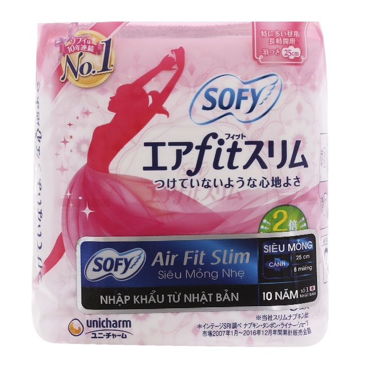 Băng Vệ Sinh Sofy Air Fit Slim Siêu Mỏng Nhẹ Cánh 25cm (Gói 8 Miếng)