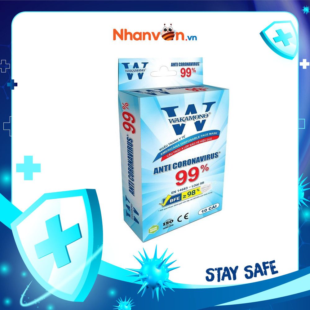 Khẩu Trang Y Tế 4 Lớp WAKAMONO Diệt Virus Corona 99% - 10 Cái/Hộp