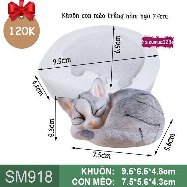 Khuôn rau câu silicon con mèo trắng nằm ngủ 7,5cm ( SM918 ) CÒN 1 CON