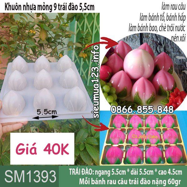 Khuôn nhựa mỏng 9 trái đào 5,5cm làm rau câu , bánh tổ ( SM1393 )