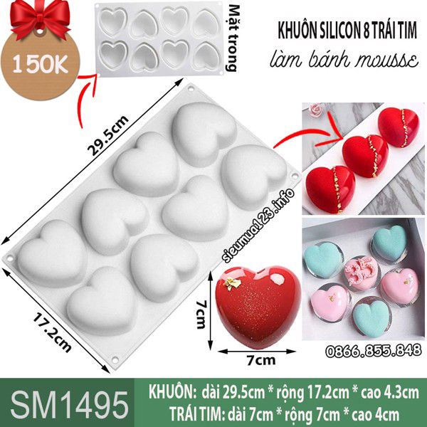 Khuôn silicon 8 trái tim bo tròn 7cm làm bánh mousse ( SM1495 )