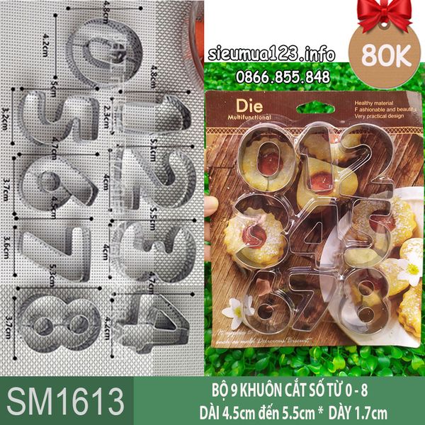 Bộ 9 khuôn ấn inox cắt số size 4,5cm - 5,5cm ( SM1613 ) numbers cookie cutters set