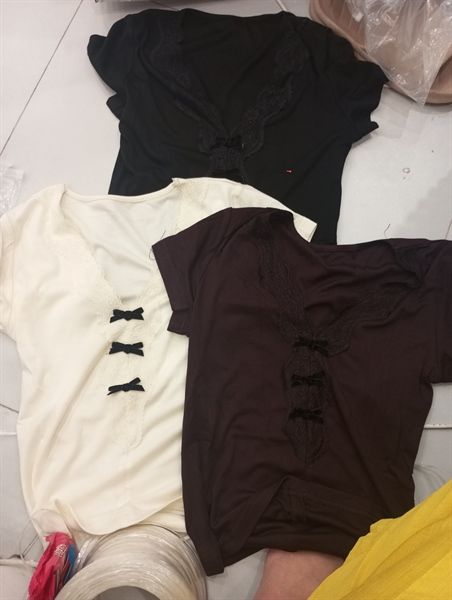 ANTN cotton cổ tim phối ren nơ nhung